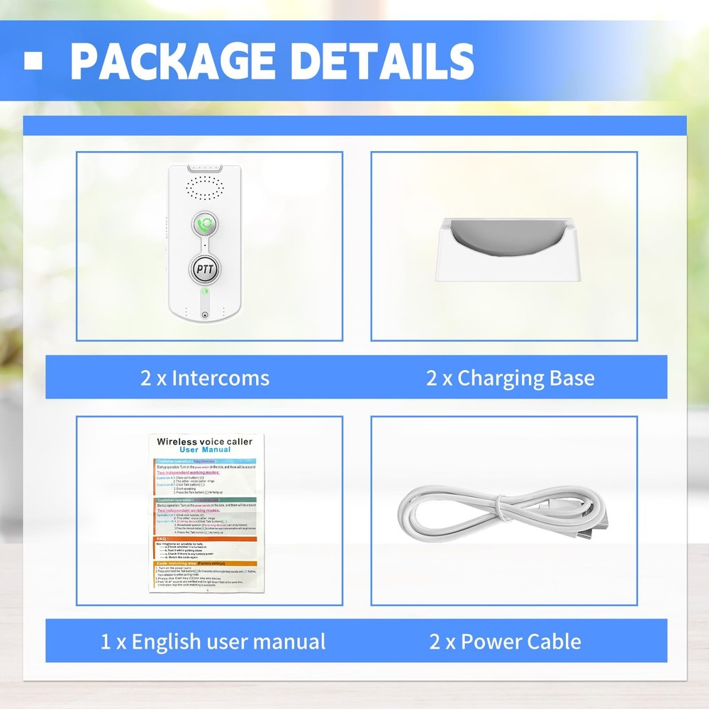 2 Way Intercom for Home,Wireless System Portable,Long white