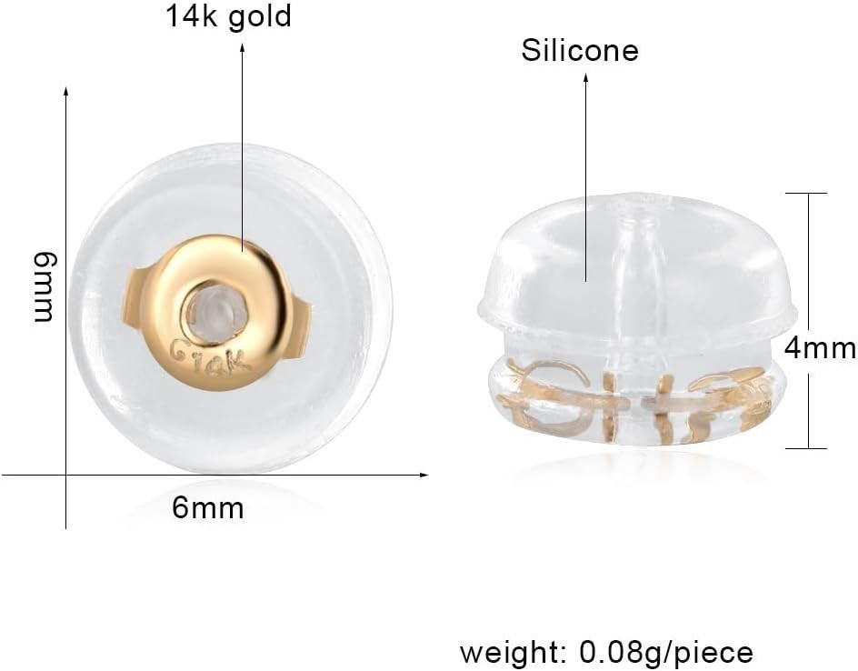 14K Real Solid Gold Earring Backs, Hypoallergenic Silicone, Secure for Studs