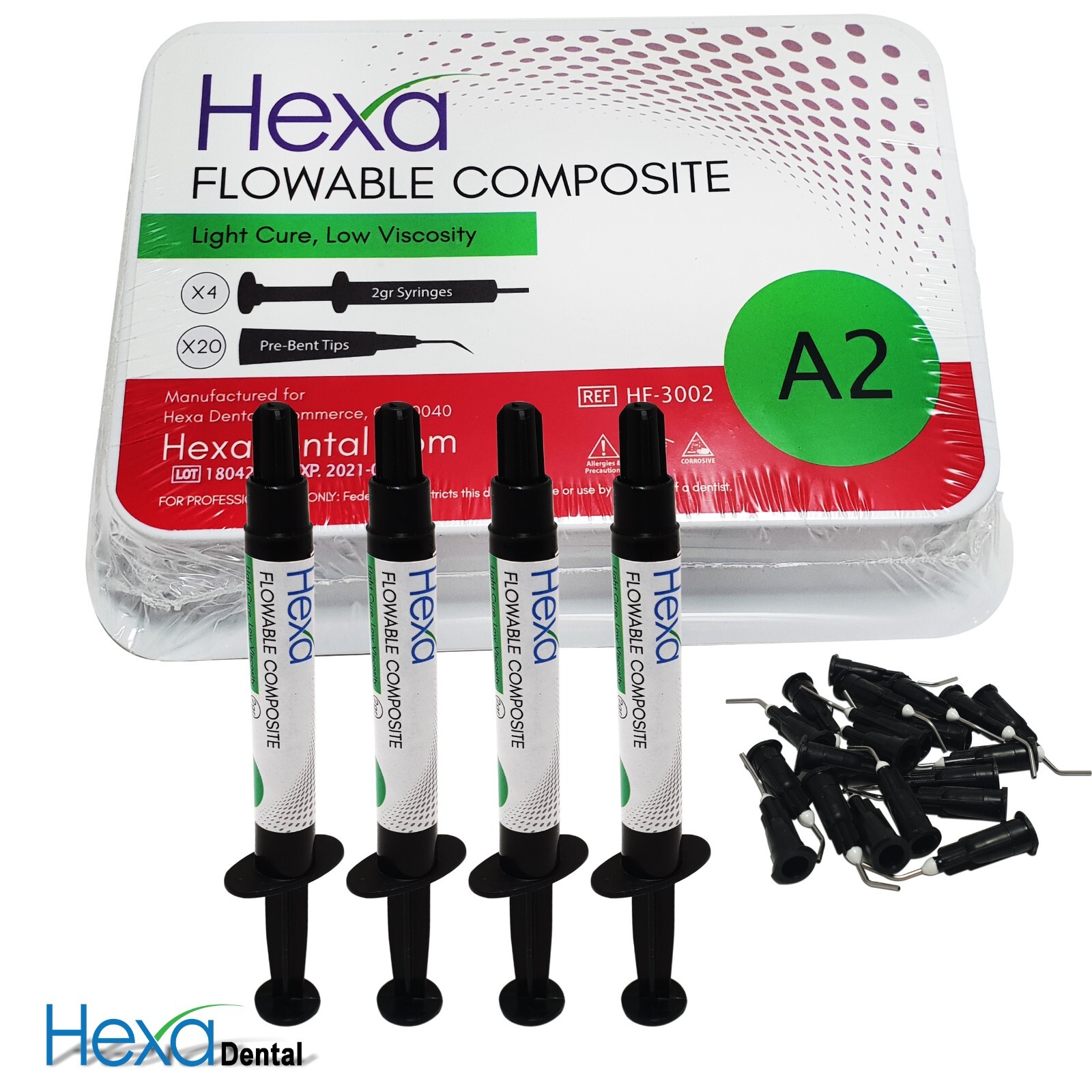 Hexa A2 Flowable Composite Light Cure, Low Viscosity (4 x 2gm Syringes, 20 Tips)