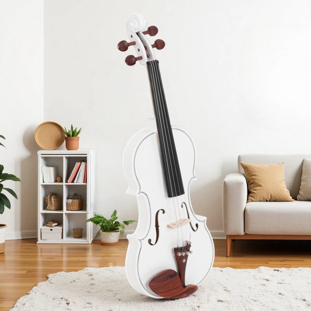 4/4 Solid Spruce Top Acoustic Beginner Violin Set - Tuner, White, Shoulder Rest