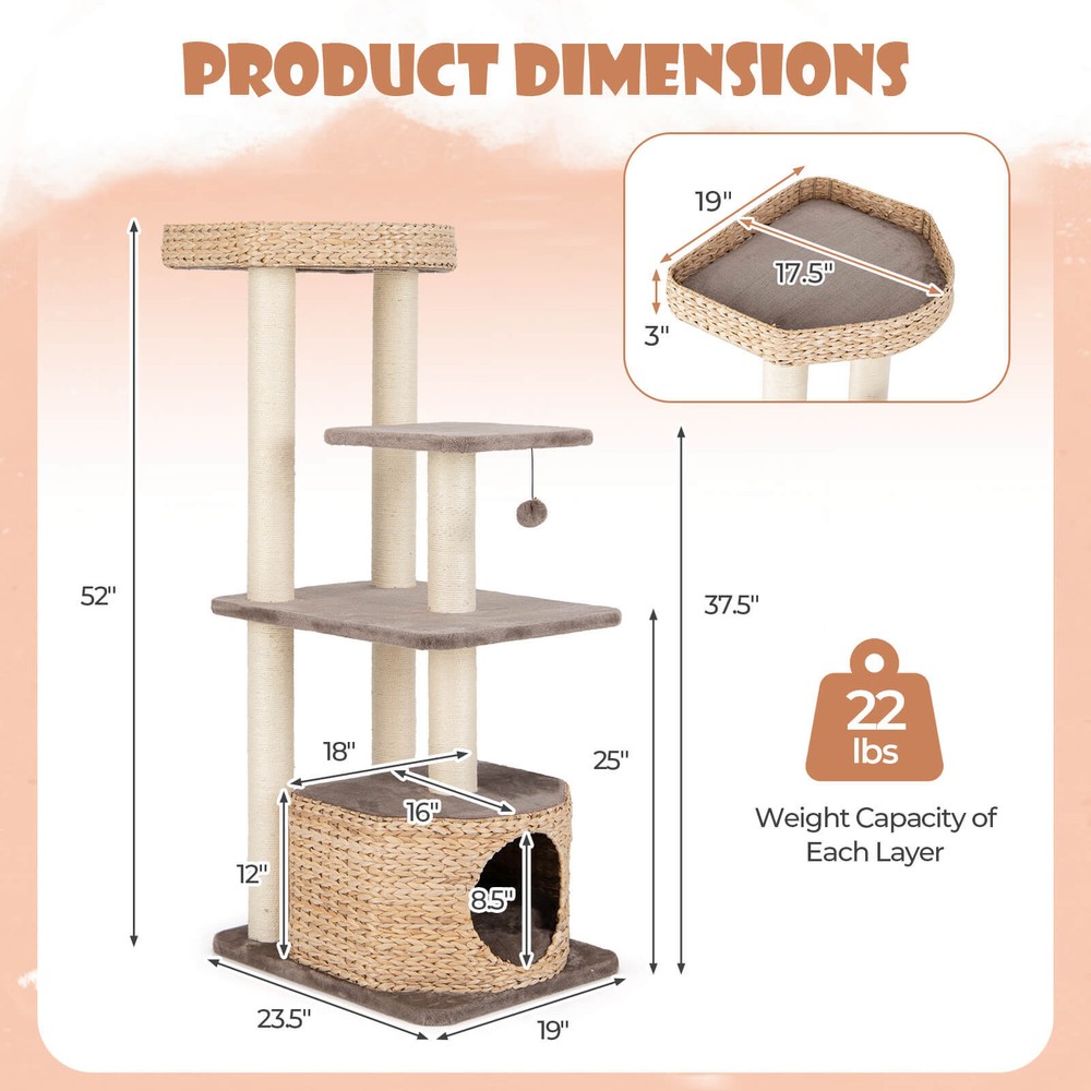 52" Cattail Cat Tower W/ Sisal Scratching Posts Perch Dangling Ball Cat Tree