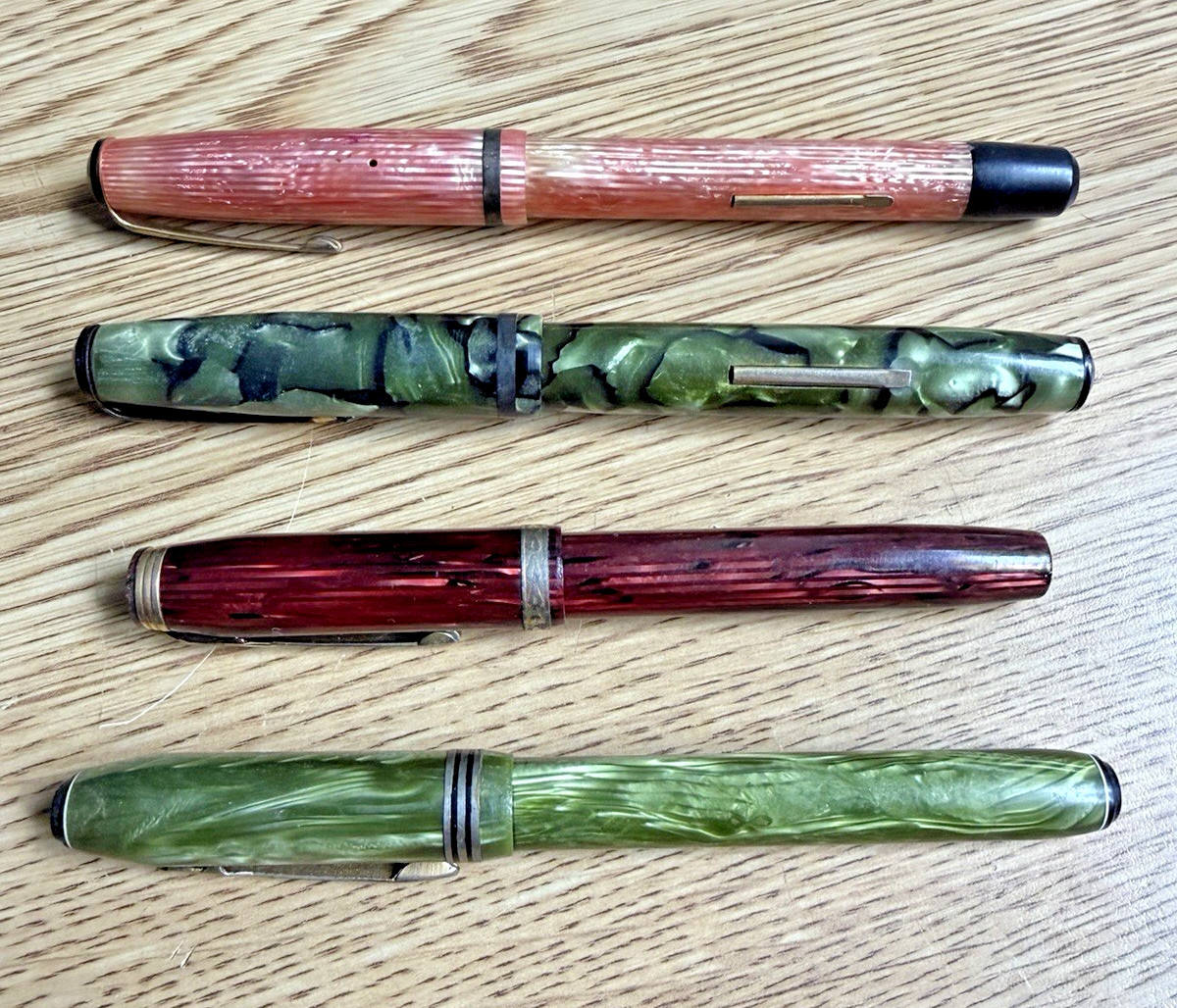 Lot Of 4 - Vintage Fountain Pens - Pink, Green, Burgundy Writing Instrument Pen