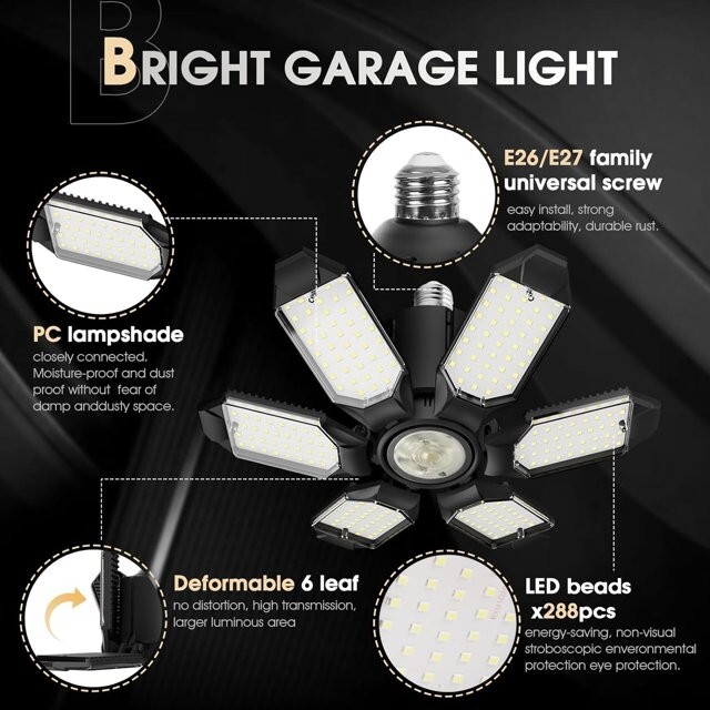 1pk LED Garage Light Bulb Deformable Ceiling Fixture LED Workshop Light Bright