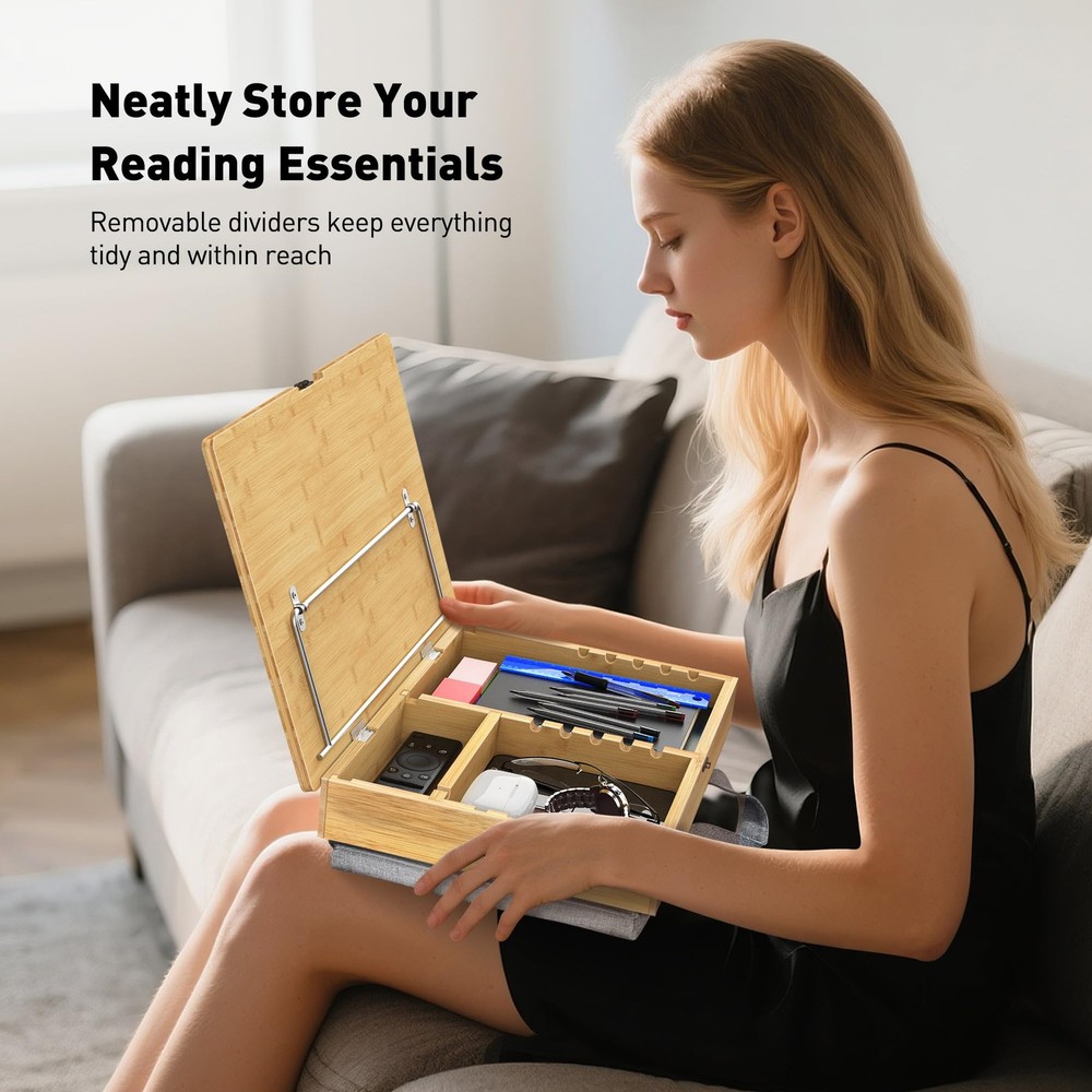 AboveTEK Book Stand for Reading with Storage, Adjustable Bamboo Brown