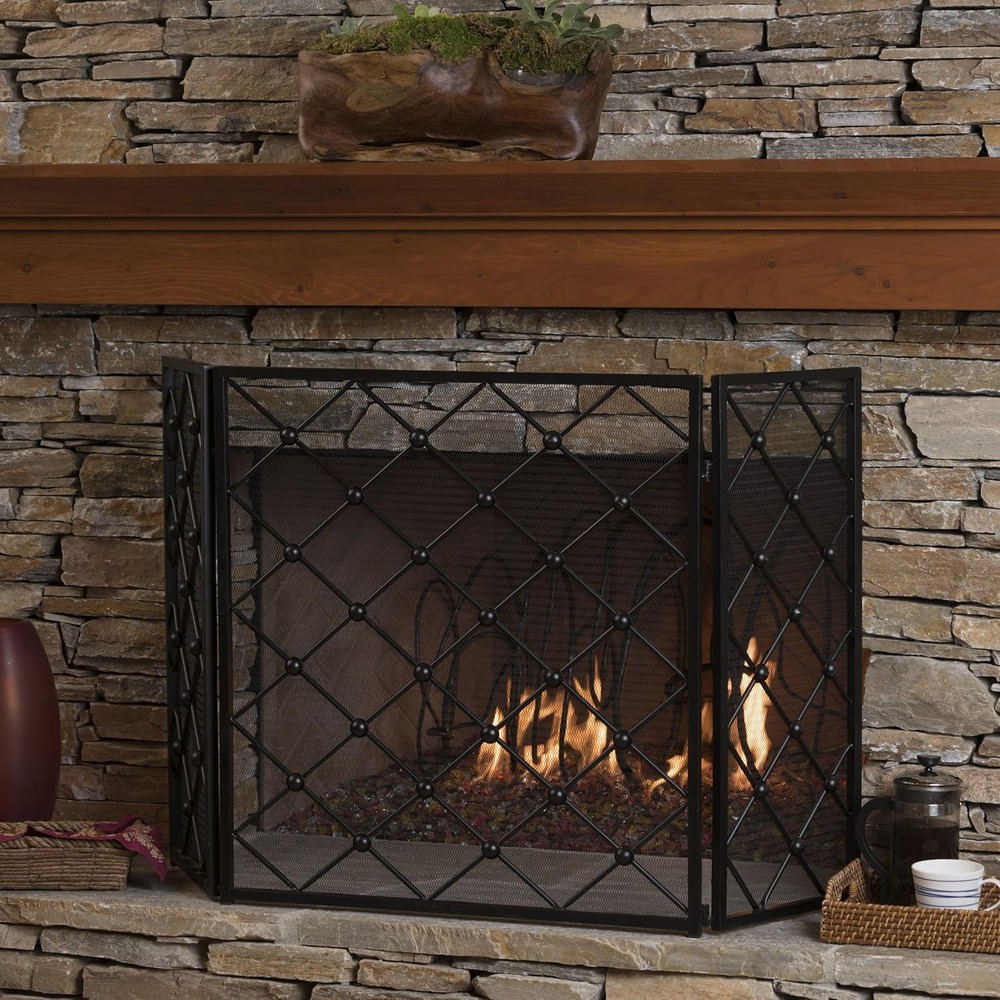 Chelsey 3 Panelled Iron Fireplace Screen, Black
