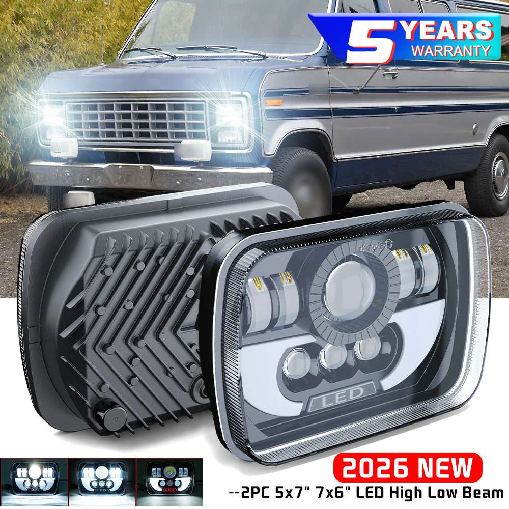 For FORD E150 E250 E350 Econoline 2Pcs 5x7" 7x6" LED High Low Beam Headlights