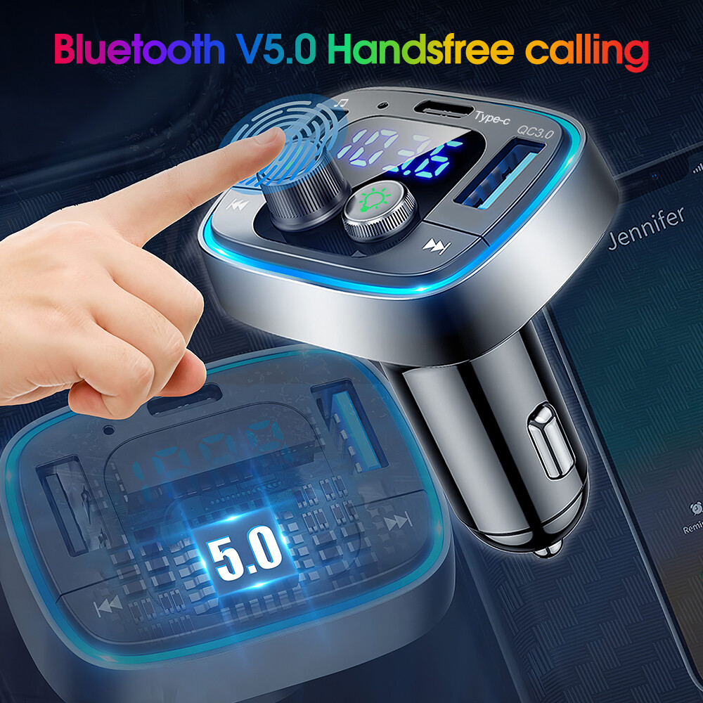 Bluetooth 5.1 FM Transmitter Car Adapter 7 Colors LED Backlit Hands-Free Calling