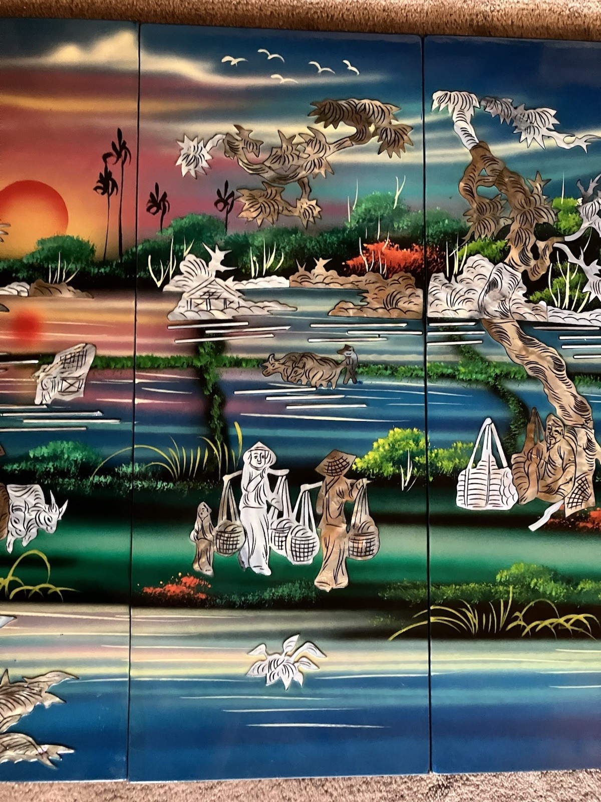 4-panel Handcrafted Vietnamese Lacquer And Mother Of Pearl Inlay Wall Art: 19X30