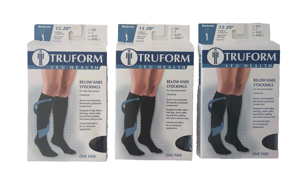 3 Pair TRUFORM 15-20 Below Knee Compression Stocking Black  #9808BL-D Closed Toe