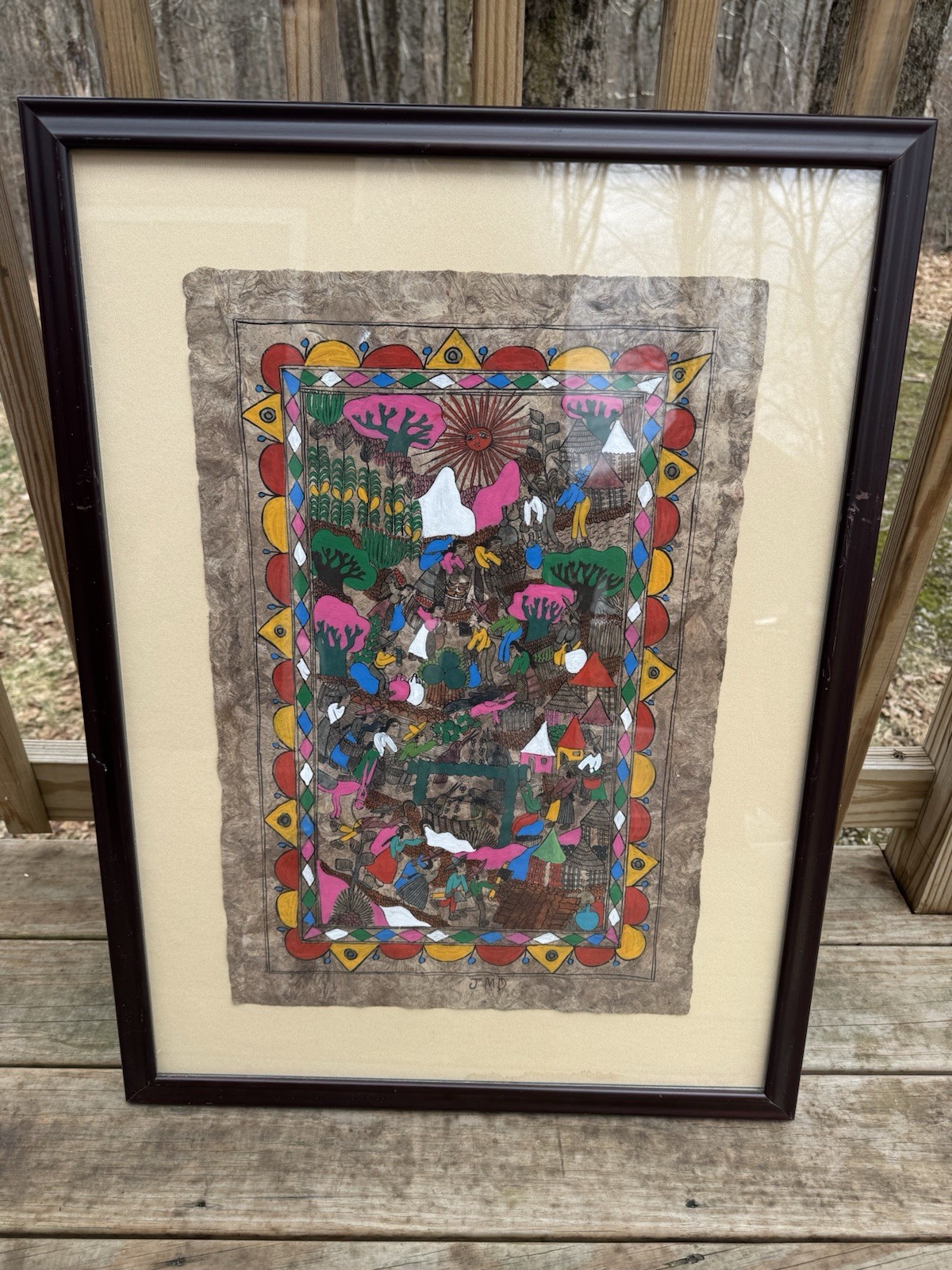 3 large Framed Mexican Folk Art On Bark Paper Hand Painted JMZ