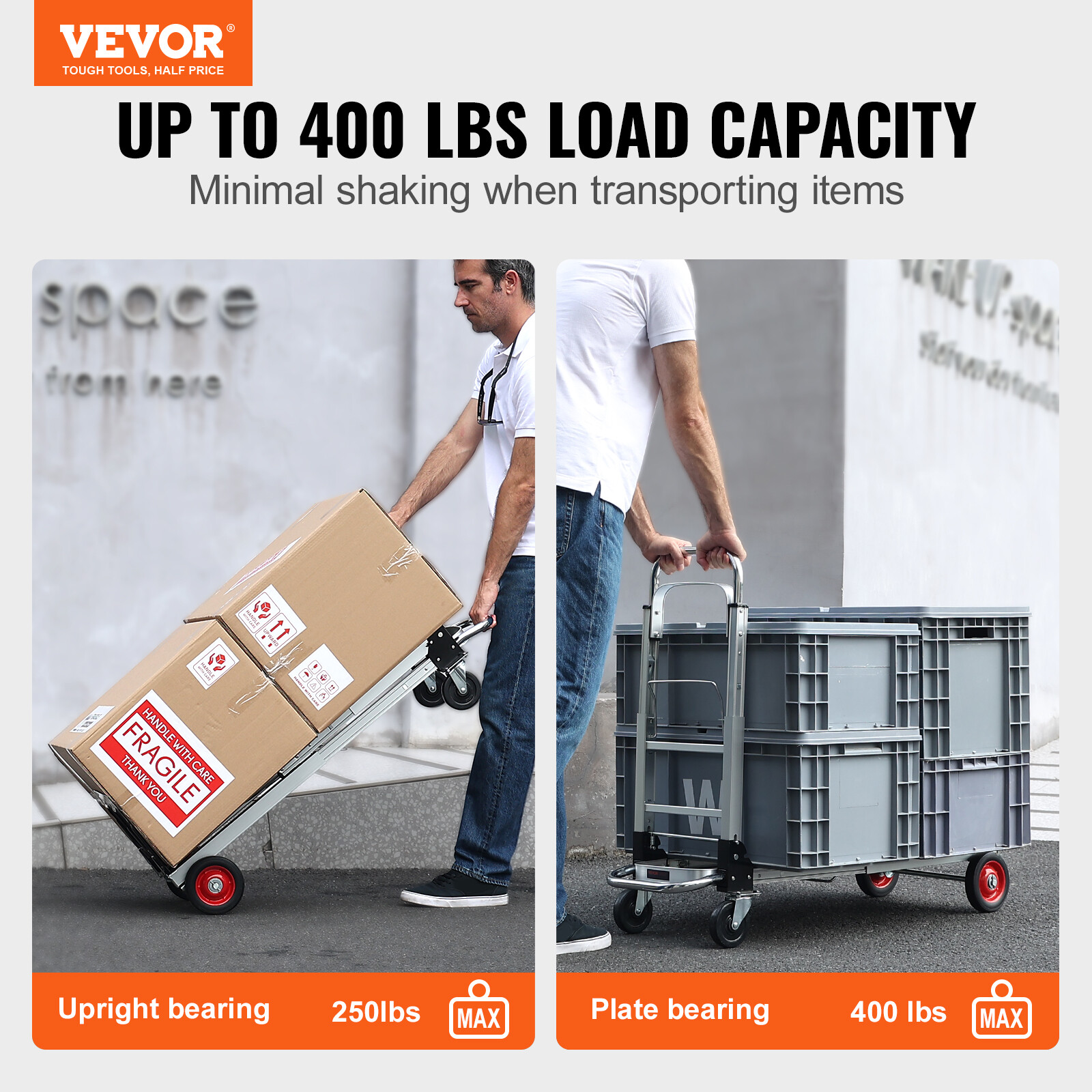 VEVOR Aluminum Hand Truck 2 in 1 Folding Dolly Cart 400 lbs Capacity Heavy Duty