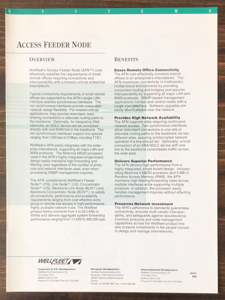 Wellfleet Communications - Access Feeder Node Sales Brochure 1992