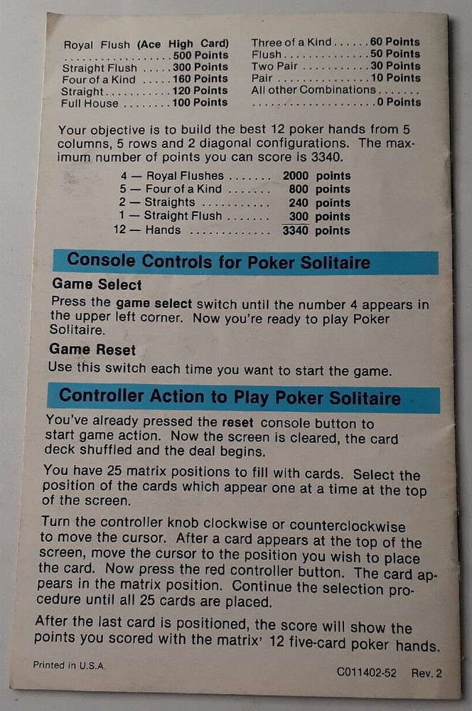 Atari 2600 1979 Casino Game Program Instructions