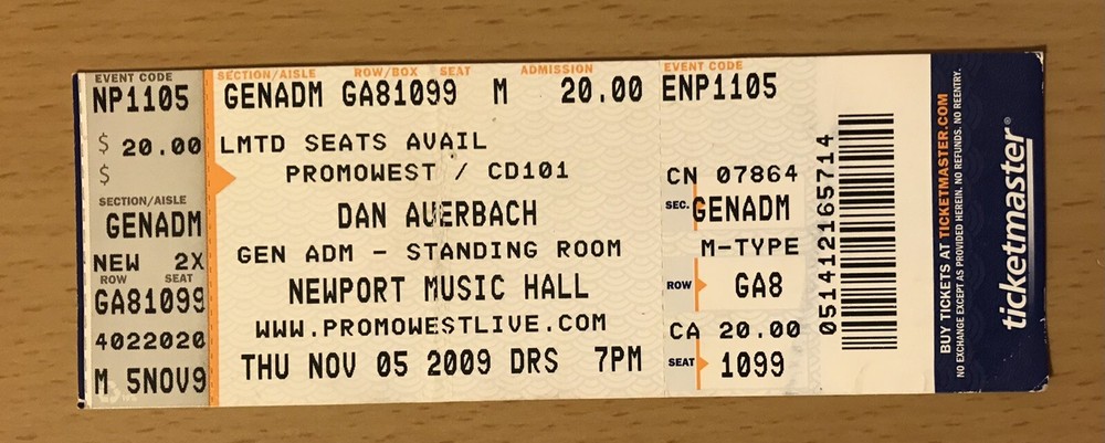 2009 DAN AUERBACH THE NEWPORT COLUMBUS OHIO CONCERT TICKET STUB