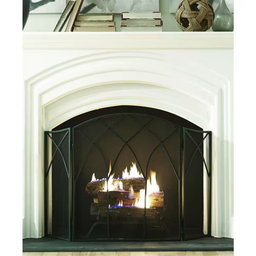 Gothic Black Steel 3-Panel Fireplace Screen
