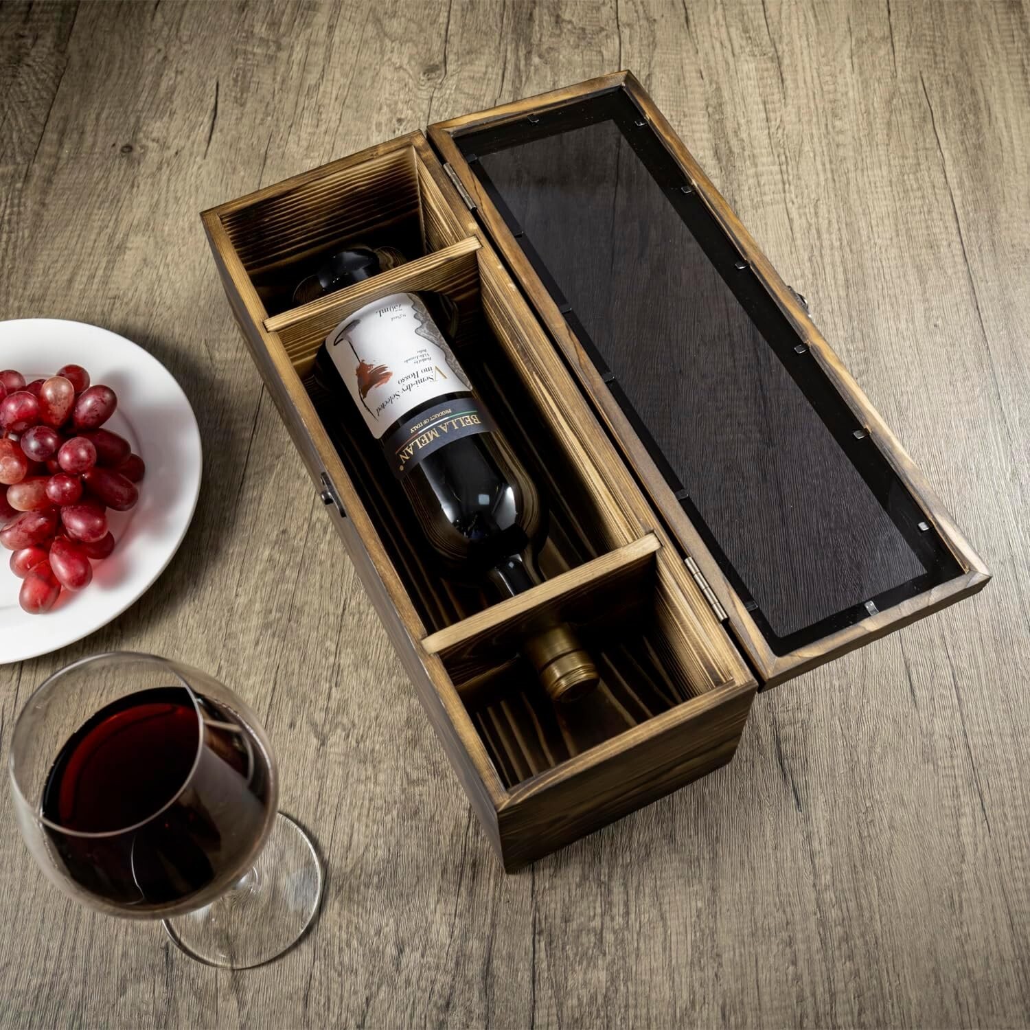 Brown Wood and Black Acrylic Window Single Wine Bottle Gift Box, Wine Storage