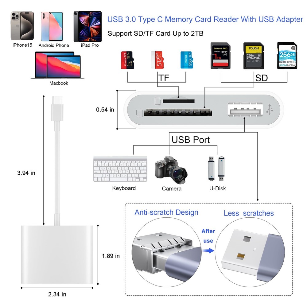 SD Card Reader, USB 3.0 Type C High Speed to (SD+TF+USB) USB-C, White