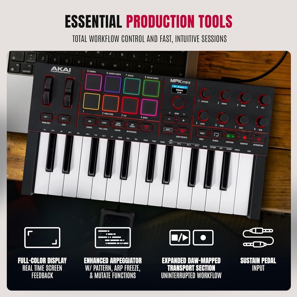 Portable MIDI Keyboard Controller with RGB MPC Pads and 360° Knobs - MPK Mini IV