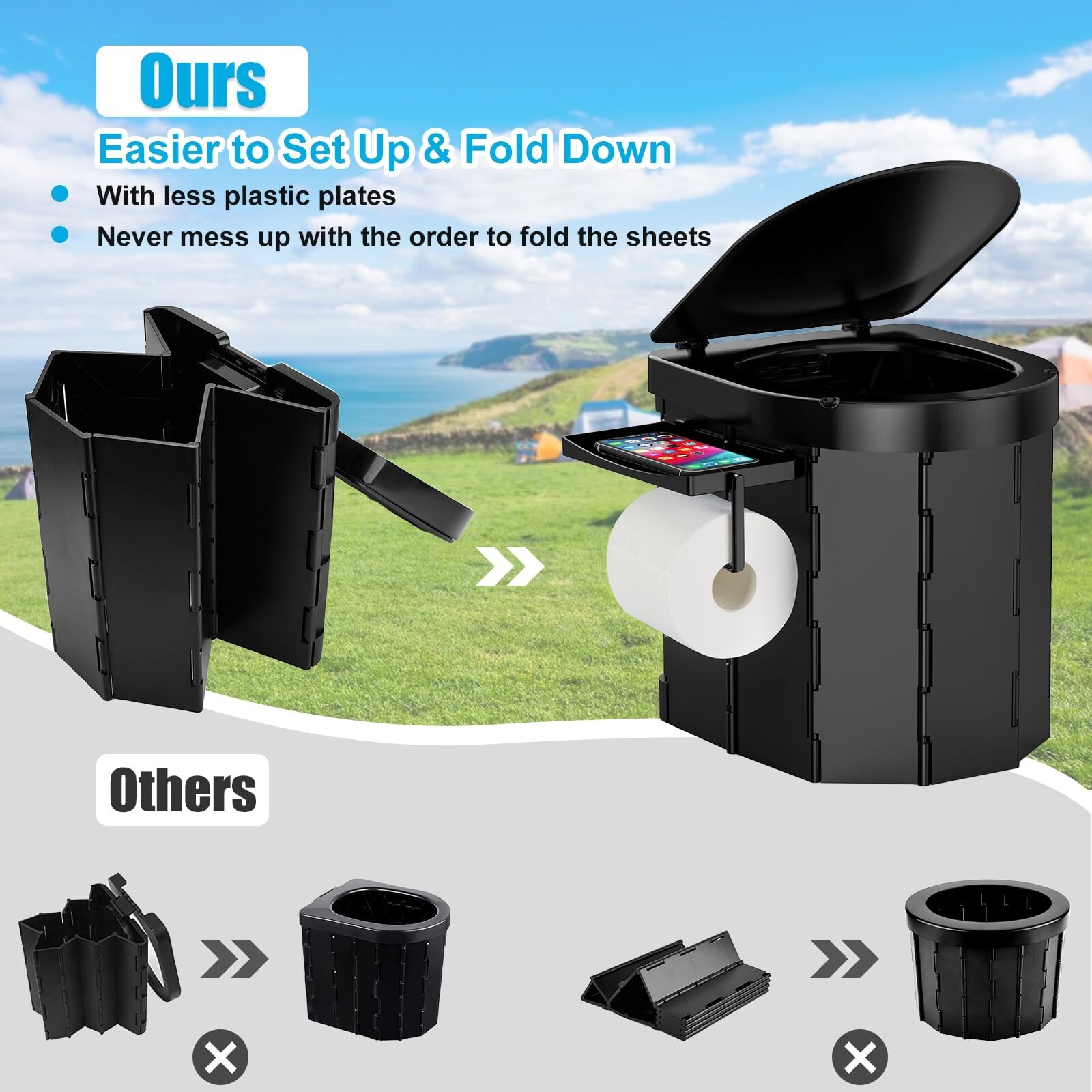 Portable Camping Toilet with Detachable Phone Shelf and Toilet Paper Holder