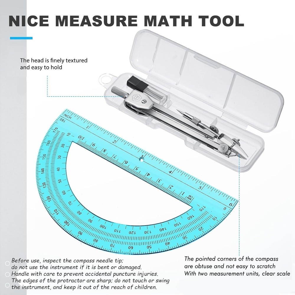 Geometry Math Set: Compass & 6-Inch Protractor for Precision Drawing