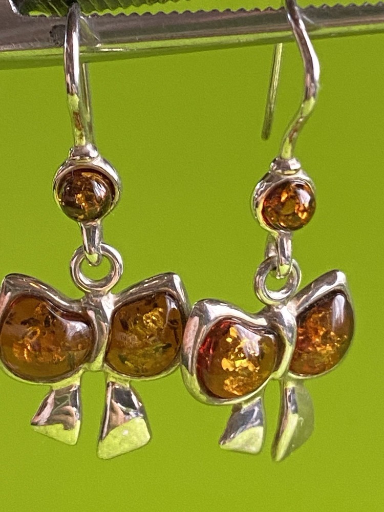 Серьги винтаж серебро, 925 проба, Камень Янтарь, Бантики