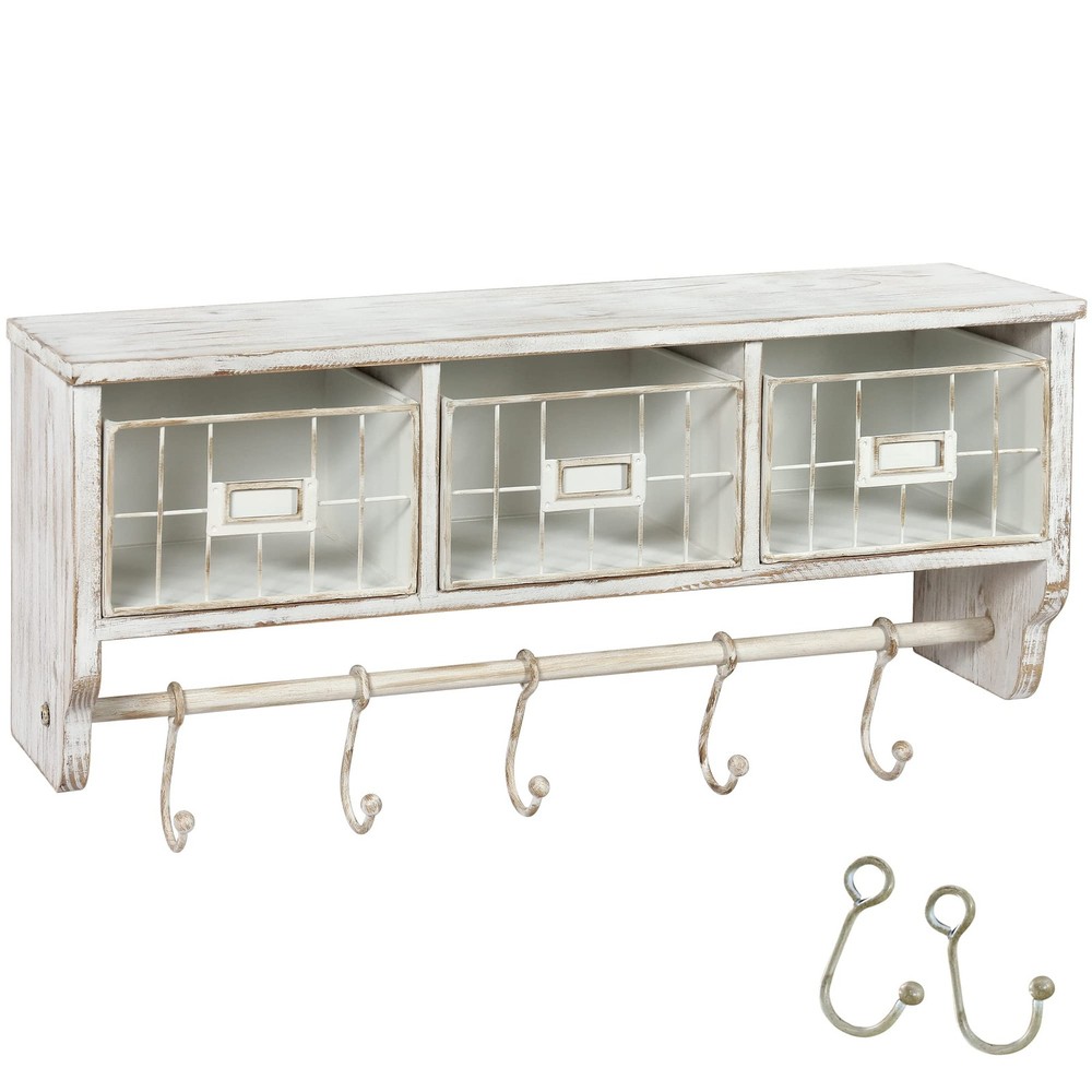 Rustic Whitewashed Solid Wood Entryway Wall Shelf 24" Coat Hooks Baskets