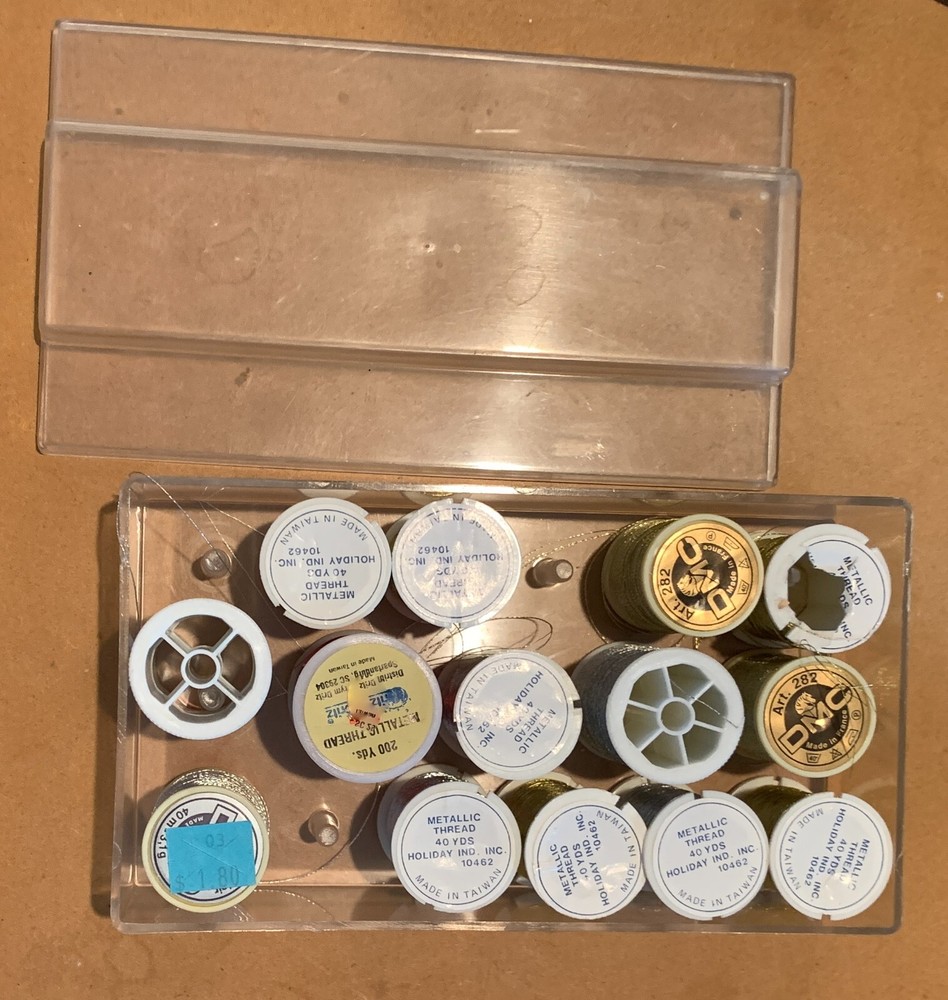 14 Spools Metallic Thread-Gold, Silver & 1 Red Plus Plastic Thread Storage Box