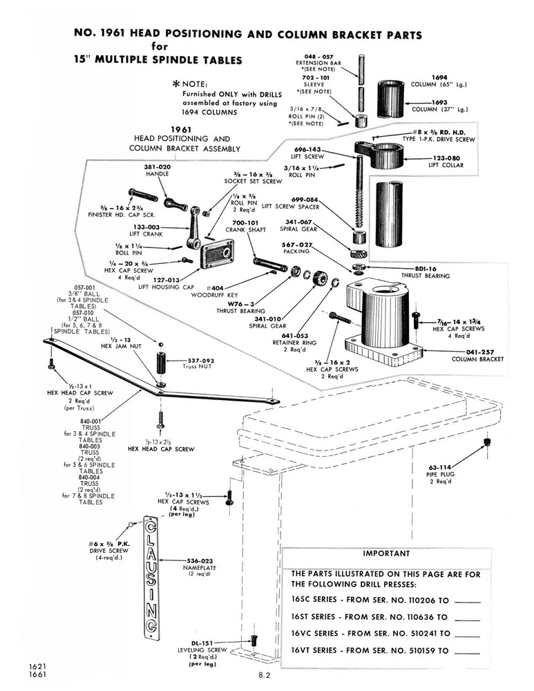 Clausing 15" Drill Press Variable Speed Model Instruction & Parts Manual #1293
