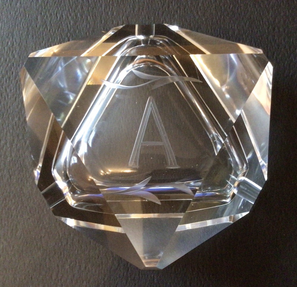 Mid Century Modern 6” Geometric Triangular Crystal Ashtray Engraved No Chips