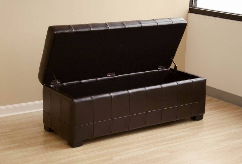 Leather Ottoman Storage Bench Rectangle Dark Brown Classic Tufted Dimpled