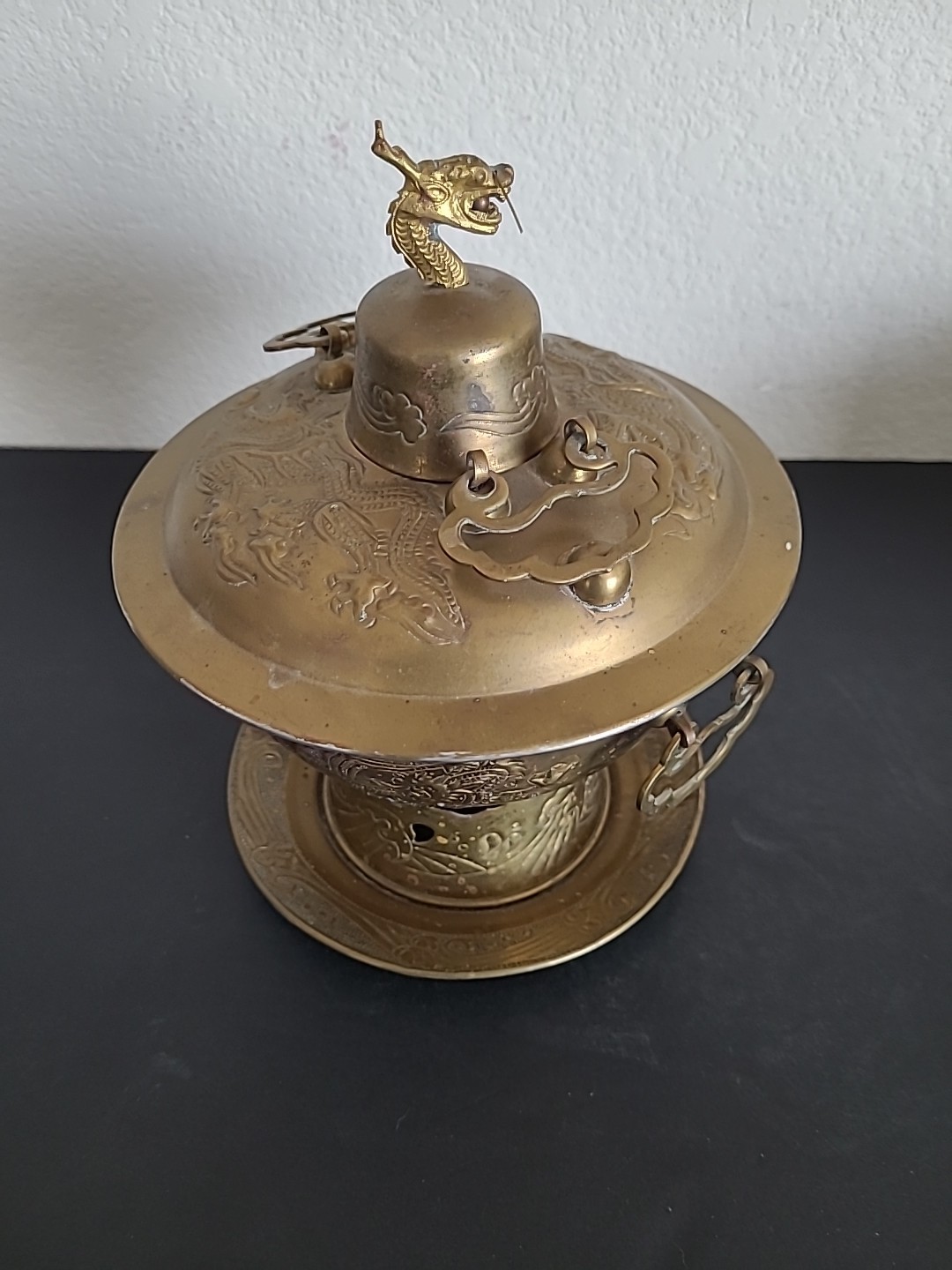 Vintage Chinese Shabu Pot Brass Hot Pot Chiseled Dragon