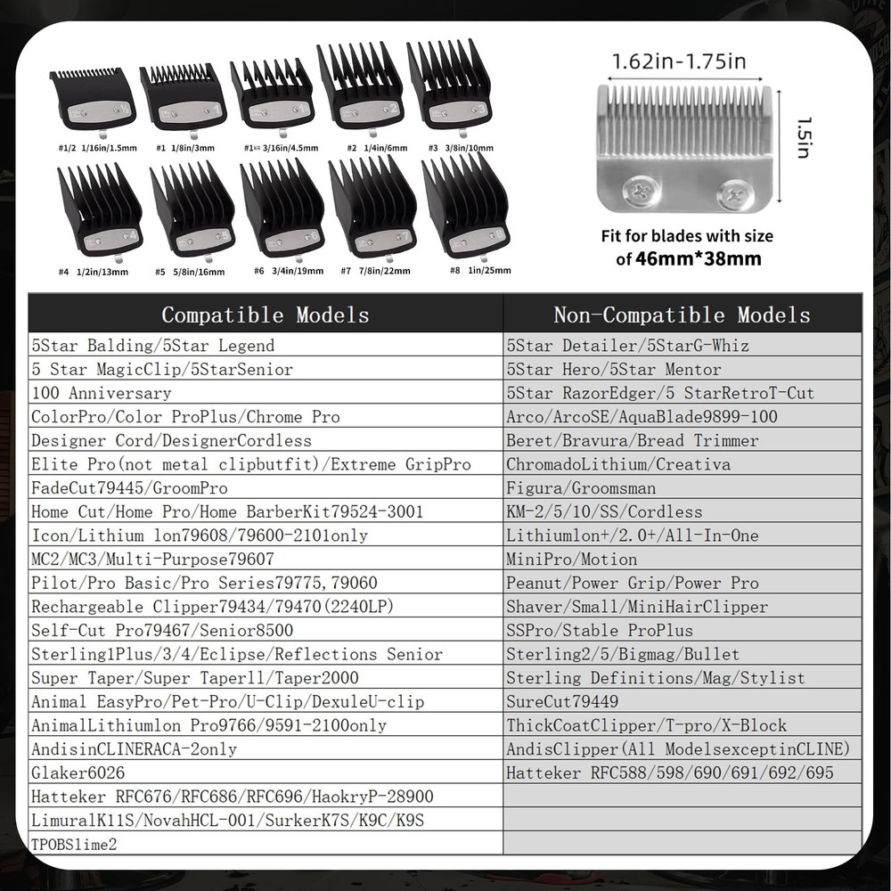 10-Piece Clipper Guard Set, Black Professional Set