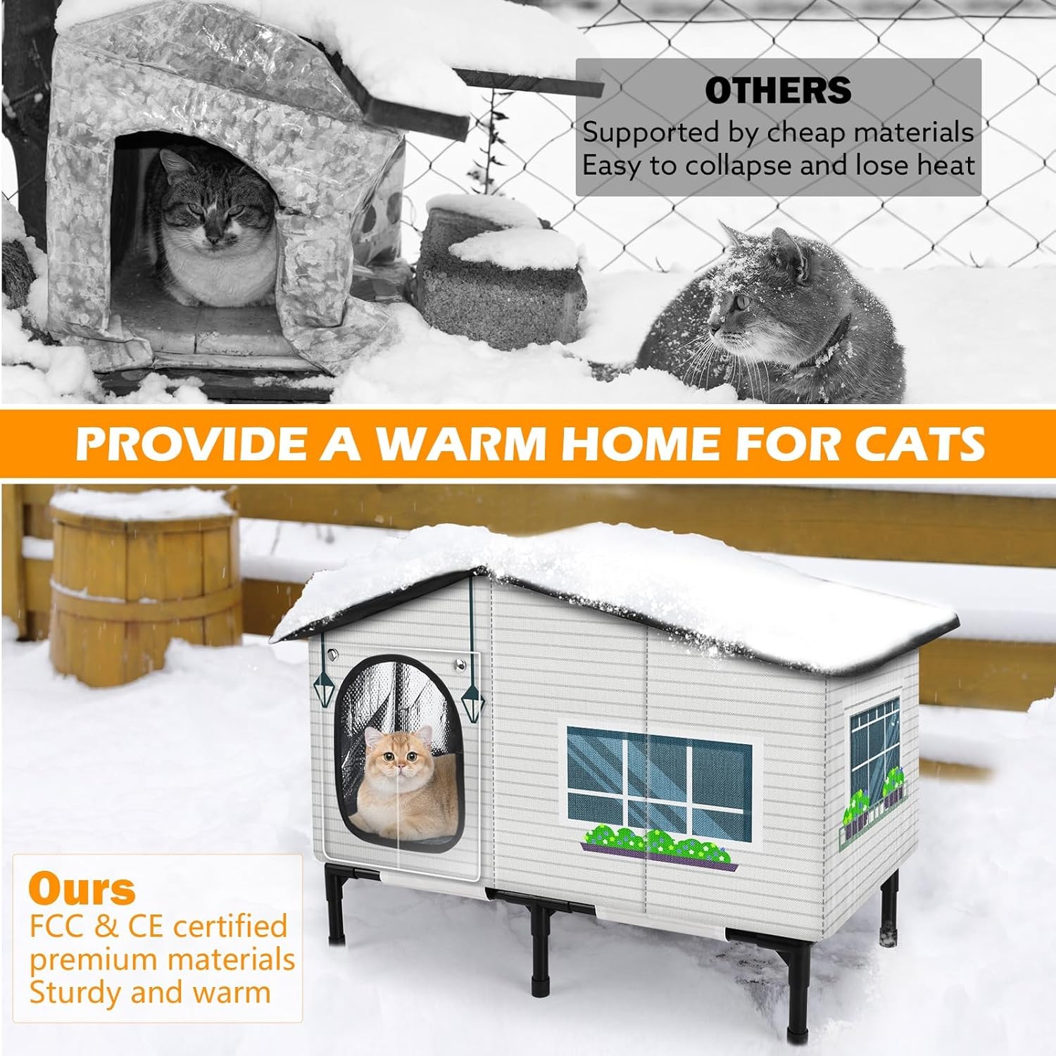 GASUR Weatherproof Heated Cat House for Outdoor Cats Insulated Heating Cat House