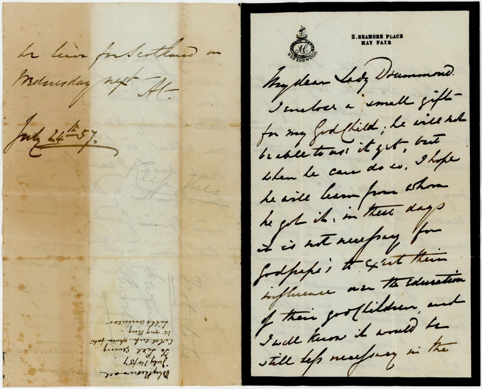 1857 LETTER BARON BLYTHSWOOD ARCHIBALD CAMPBELL MAYFAIR to LADY DRUMMOND