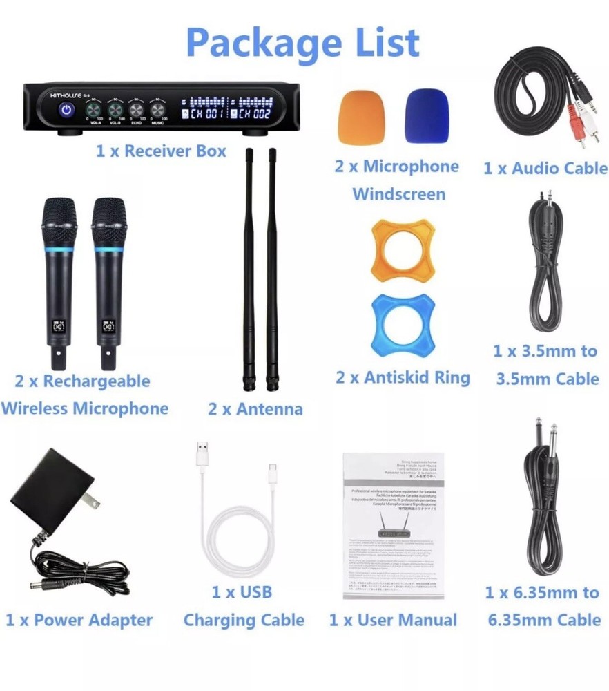 UHF Rechargeable Wireless Microphone System Cordless Dual w/ Bluetooth Receiver
