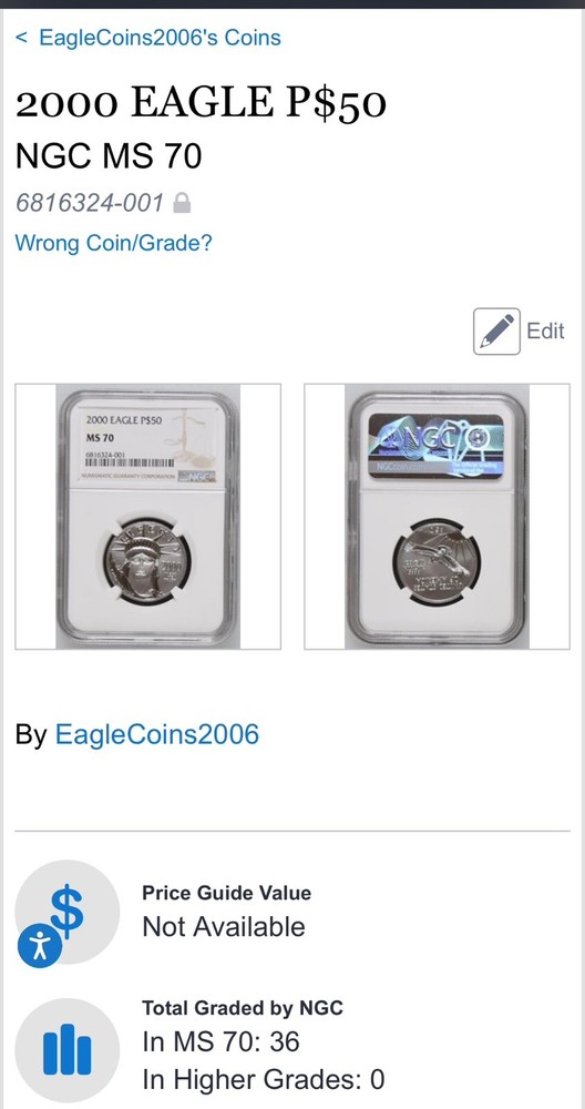 2000 $50 American Platinum Eagle 1/2 Oz MS70 NGC