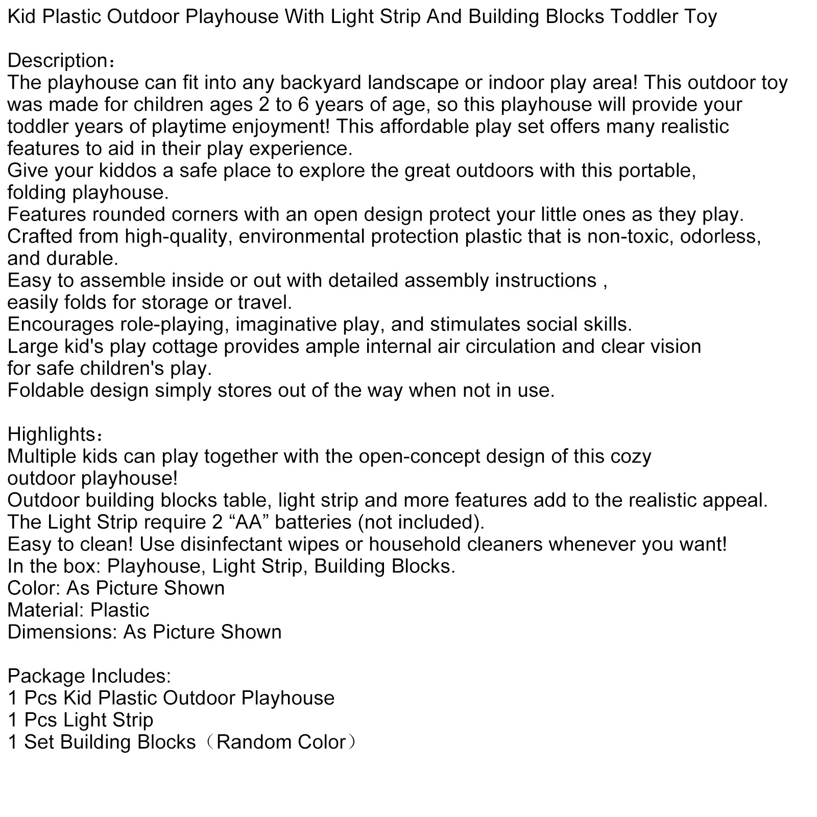 Kid Plastic Outdoor Playhouse With Light Strip And Building Blocks Toddler Toy-