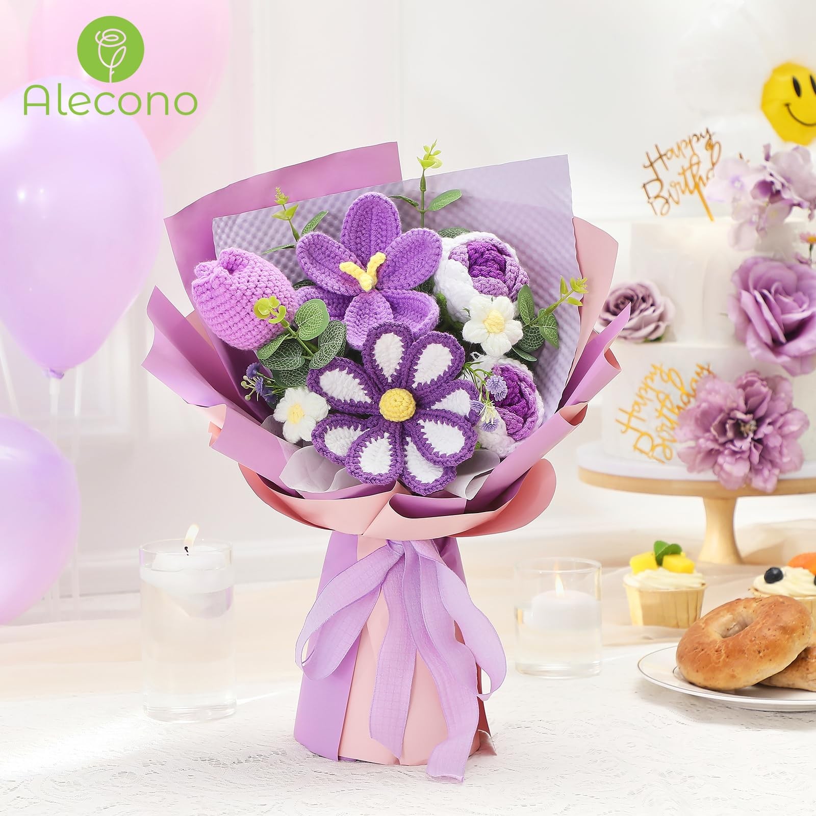 Alecono Crochet Flower Bouquet, Purple Knitted Flowers, Large,