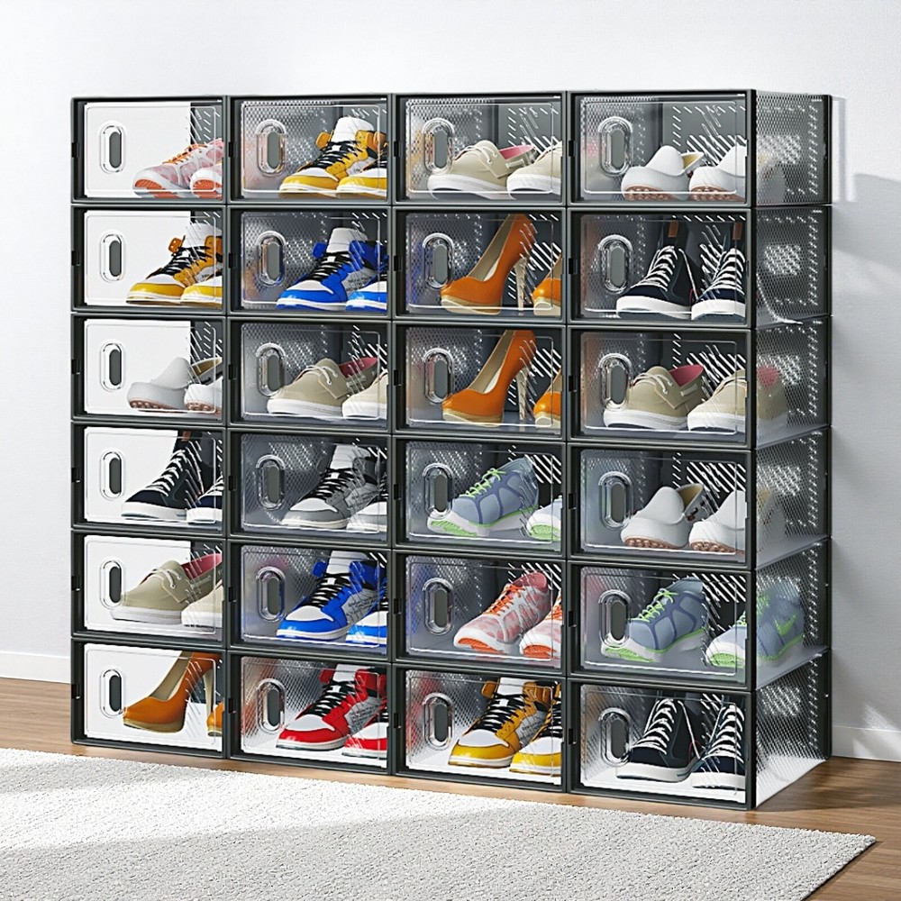 24-Pack Shoe Storage Boxes - Stackable, Door, Plastic Mesh, Black & Small Size