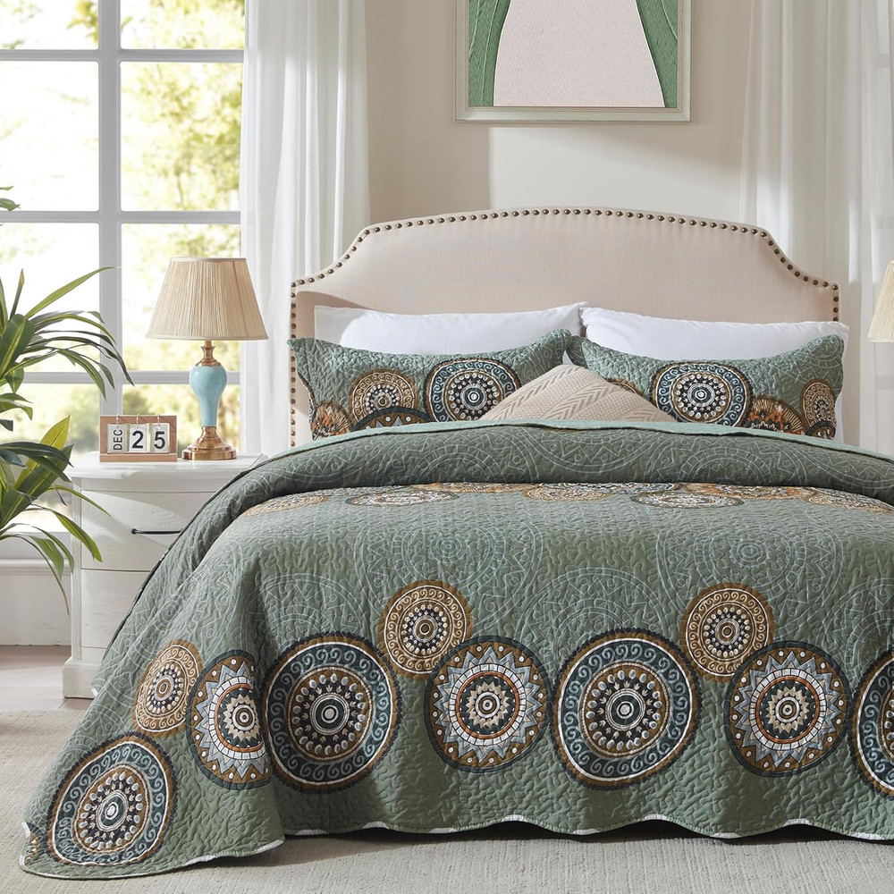 King Olive Green Quilt Set 3Pc Oversized Microfiber Floral Bedspread