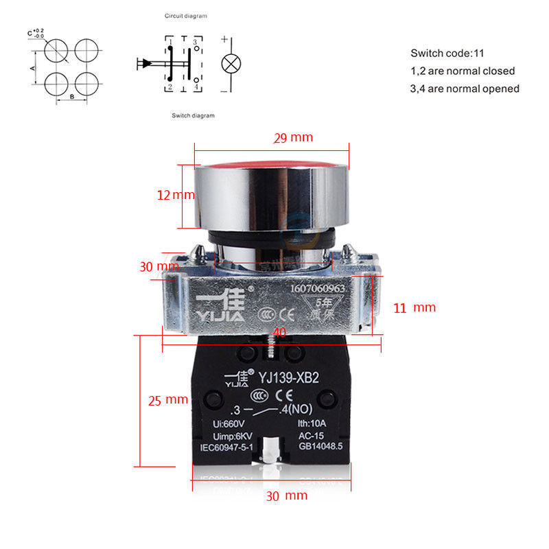 22mm 660V 10A Momentary Push Button Switch Panel Mounting NO NC 6 Colors Flat