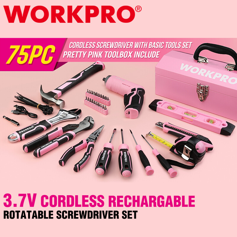 WORKPRO 75PCS Pink Tools Set Rotatable Cordless Screwdriver&Household Tool Kit