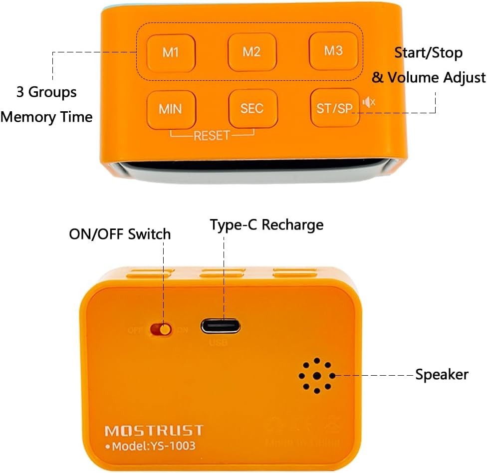 Digital Mini LED Timer, Rechargeable LED Countdown/Up Timer, 3 Pre-set Orange