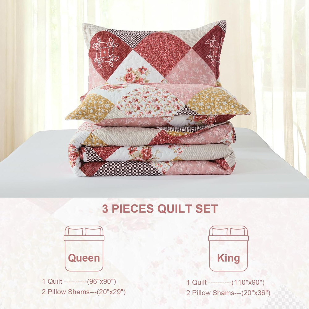 Romantic Pink Quilt Set Queen Size, Reversible Floral Plaid Patchwork Pattern Be