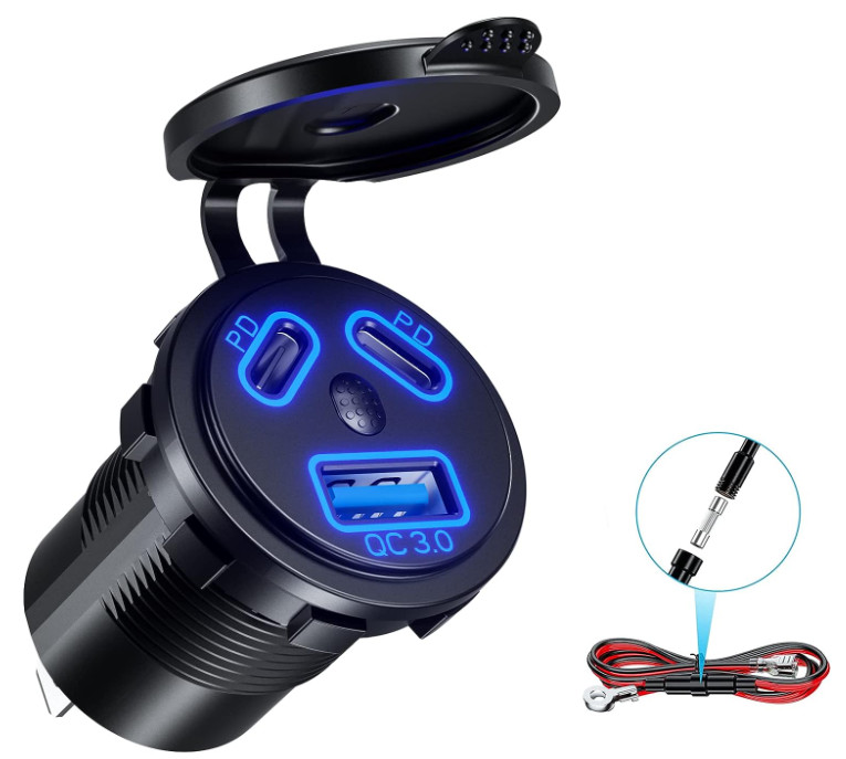 12V USB QC3.0A Quick Charge Socket & Dual PD Type C Ports--Installation Required