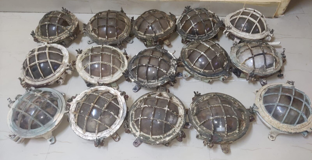 Vintage original Brass Cage&Iron Base Bulkhead passageway Light 2PC.