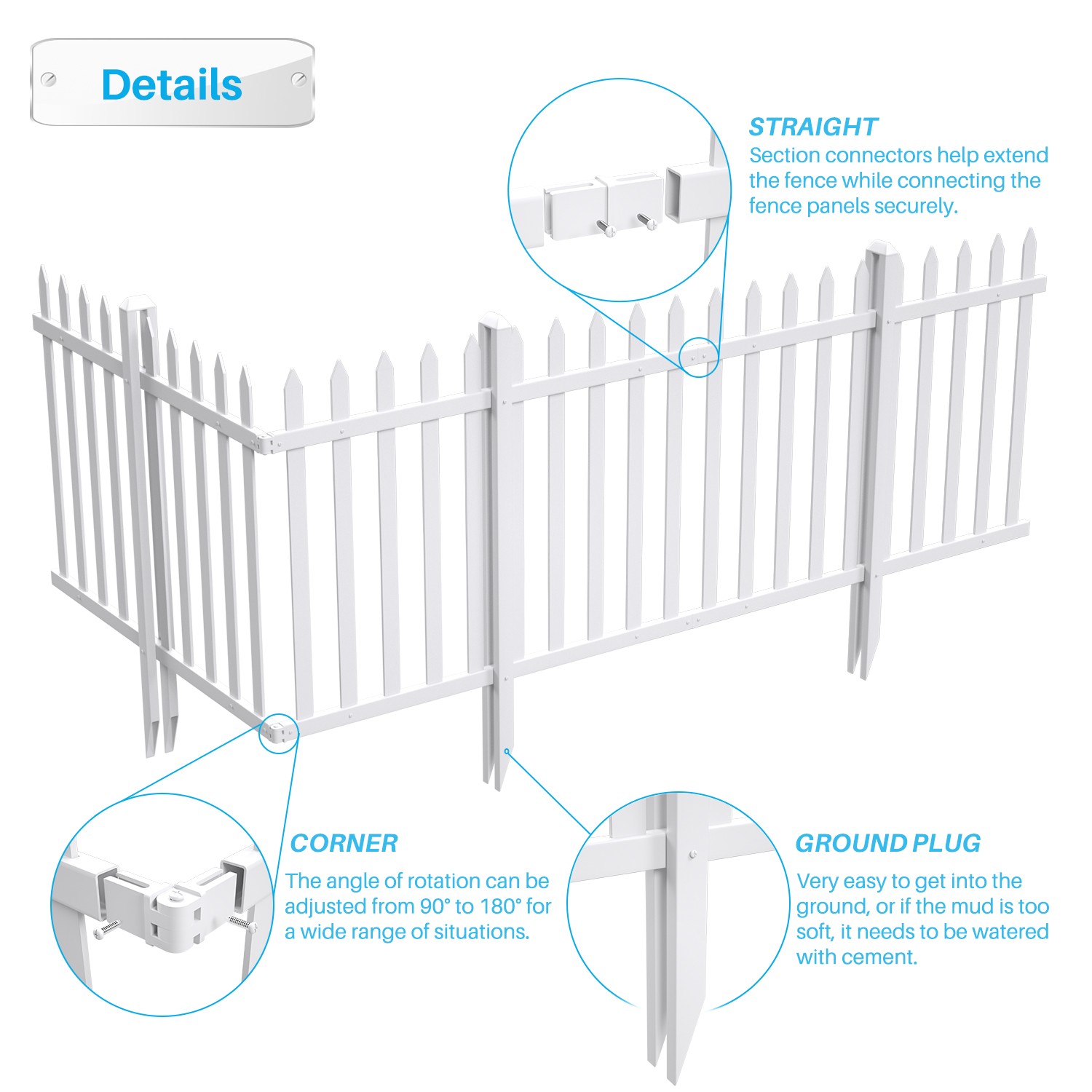84''Wx 30''H Vinyl Picket Fence Garden Fence Panels w/20 Pickets for Soft Ground