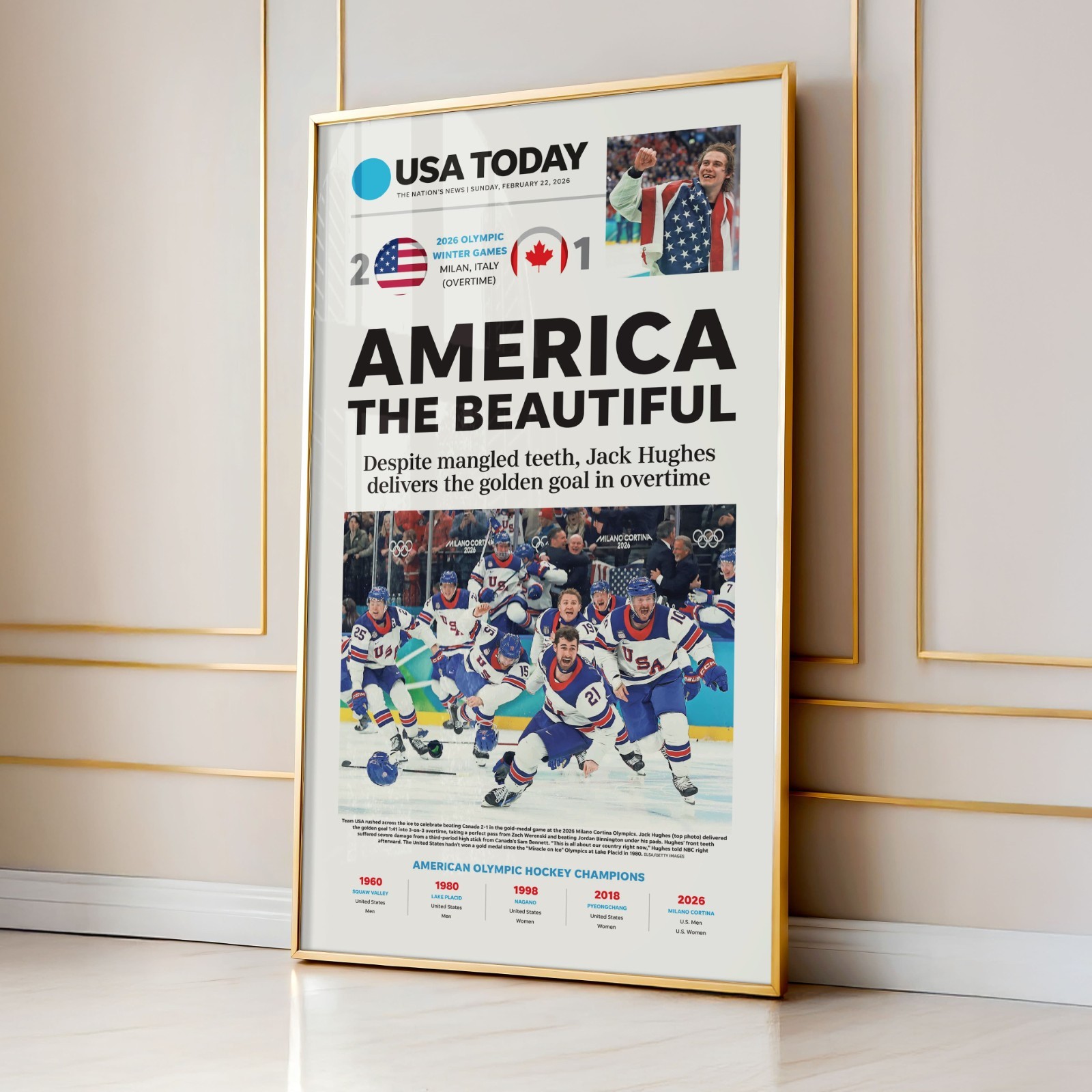 Team USA Hockey Olympics 2026 Gold Front Page Wall Art Poster