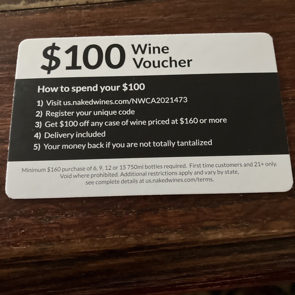 $100 Wine Voucher Card-Claim Within 30 Days