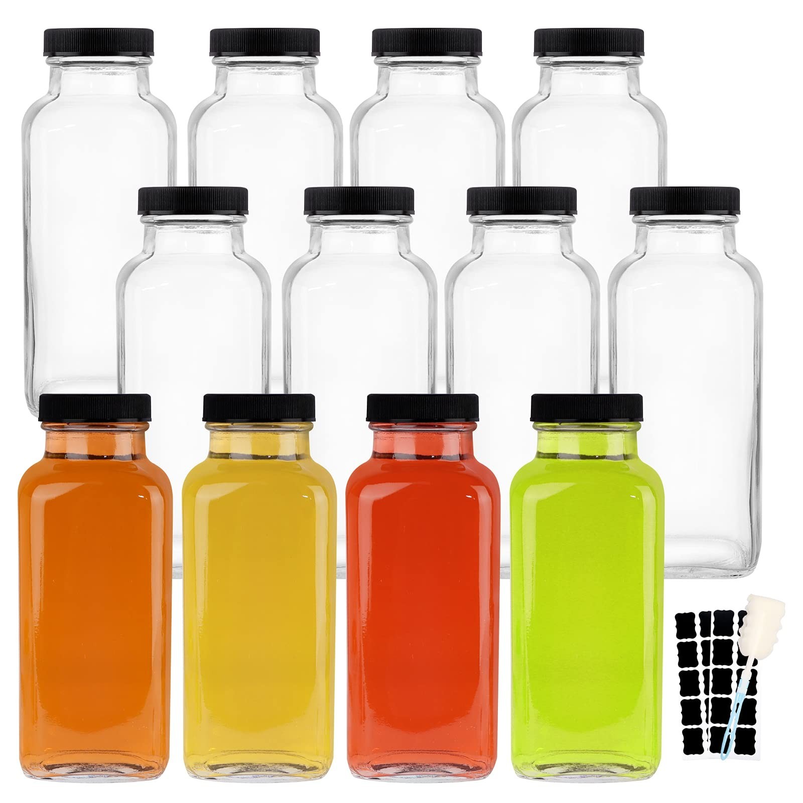 12 OZ Glass Drink Bottles, Set of 12 Vintage Glass Water Bottles with Lids, G...